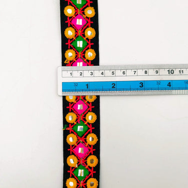 Black Multicoloured Indian Mirror Trim, Kutch Embroidered Navratri Garba Dress Trim Bridal Lace, Indian Sari Border 38 mm Wide Trim Per Yard